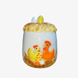 Vintage Sears 1976 Ceramic Chicken Nest Cookie Jar Farmhouse White Yellow Orange